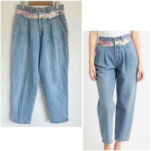 VINTAGE NEVADA LIGHT BLUE WASH JEANS PATCH EMBROIDERY COTTON TAPERED PLEATED 28